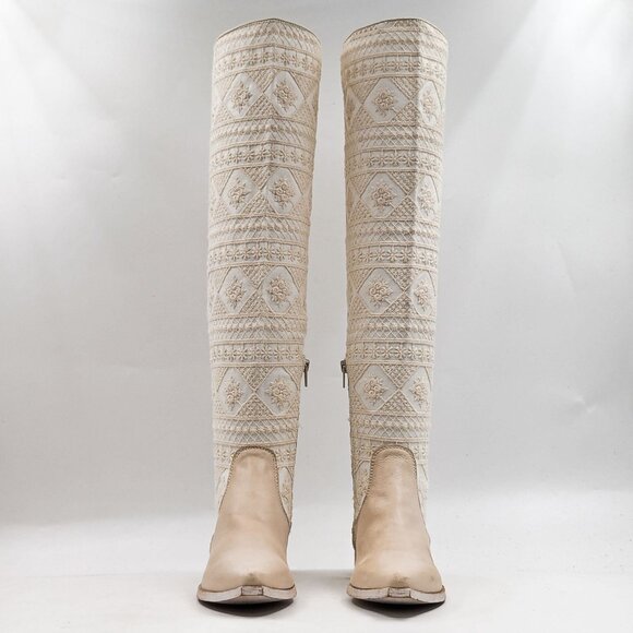 Free People Women Bren Textile Ivory Leather Western Slouch Boots sz 7US EUR 37 - Picture 2 of 10